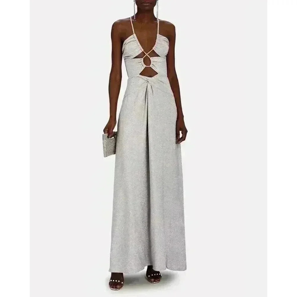 PATBO Cut-Out Lurex Maxi Dress 8 NWT Silver Sparkle Gown Shimmering Strappy $695